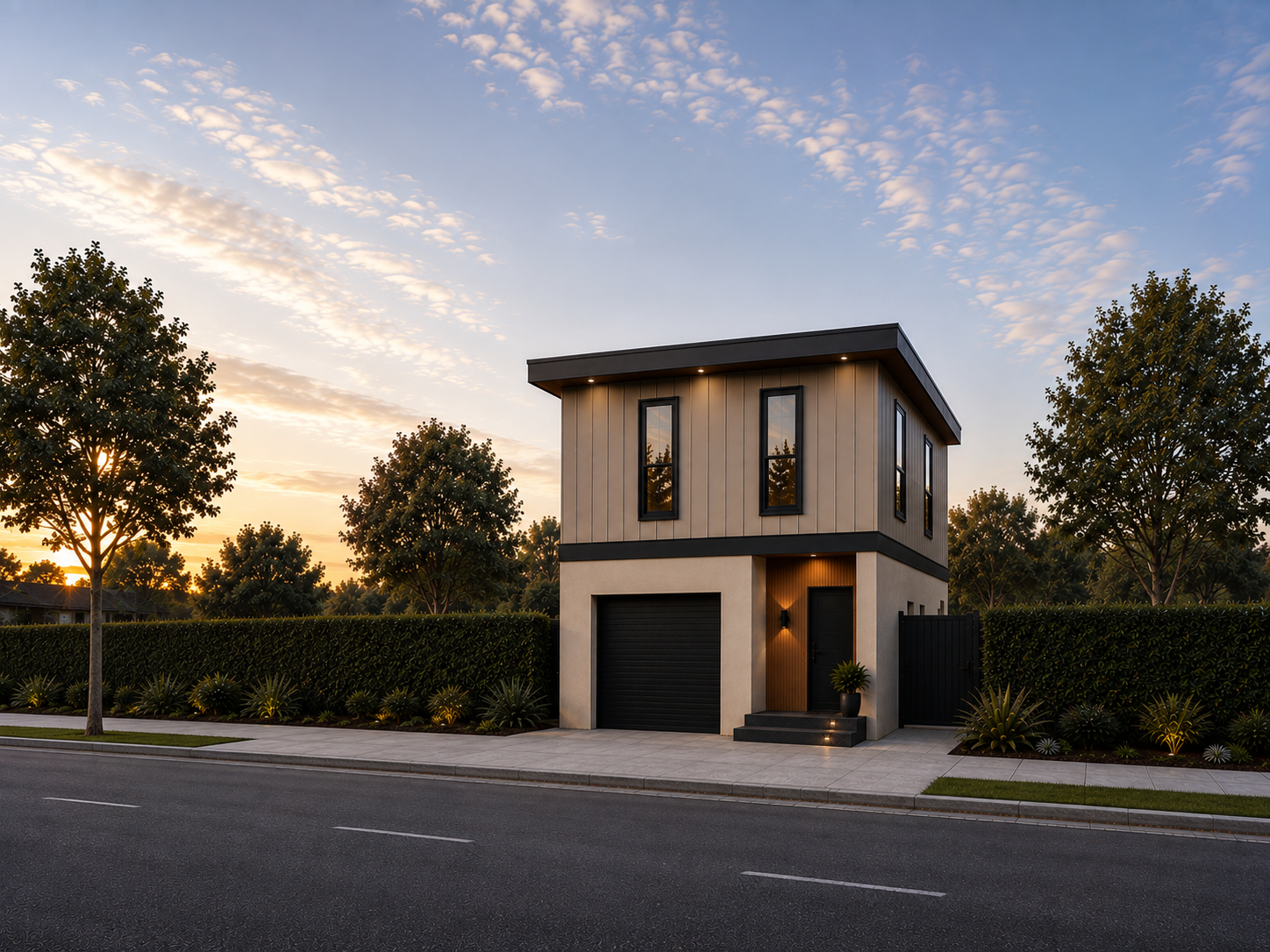 Modern two-story custom home with two-tone siding, dark garage door, and accent outdoor lighting at sunset.